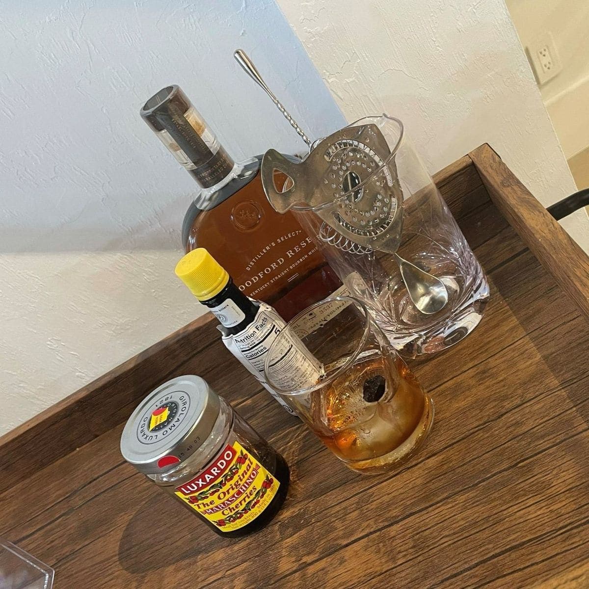 Old Fashioned cocktail setup with Woodford Reserve bourbon