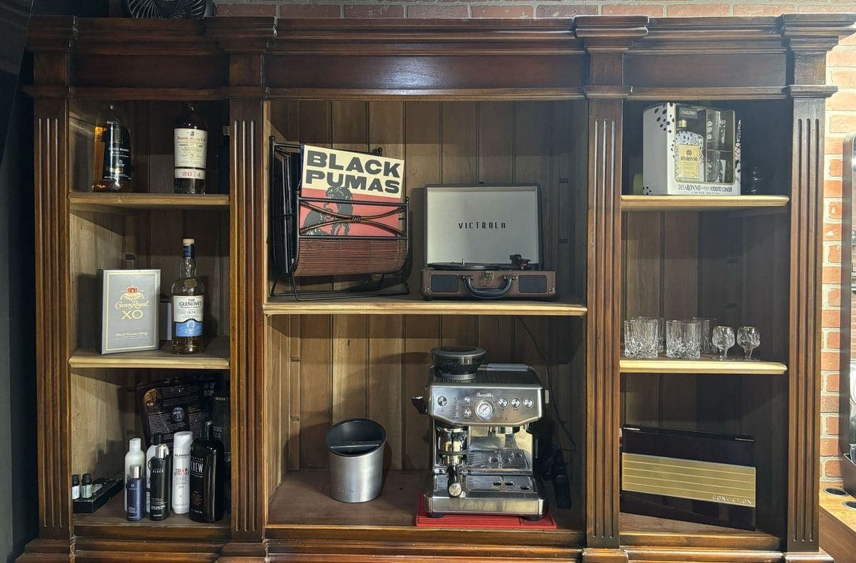 Espresso machine, vinyl player and whiskey cabinet